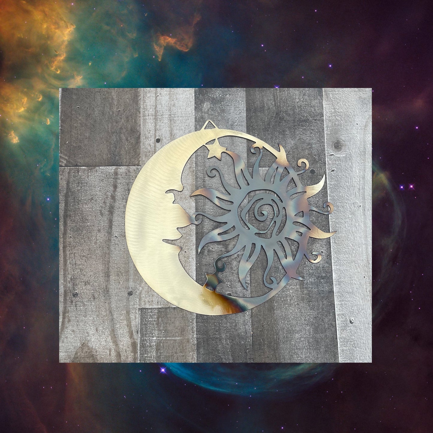 Flare Sun , Metal Sun 6, Fire Affect, Metal Wall Art, Cosmic Art, Moon, Star