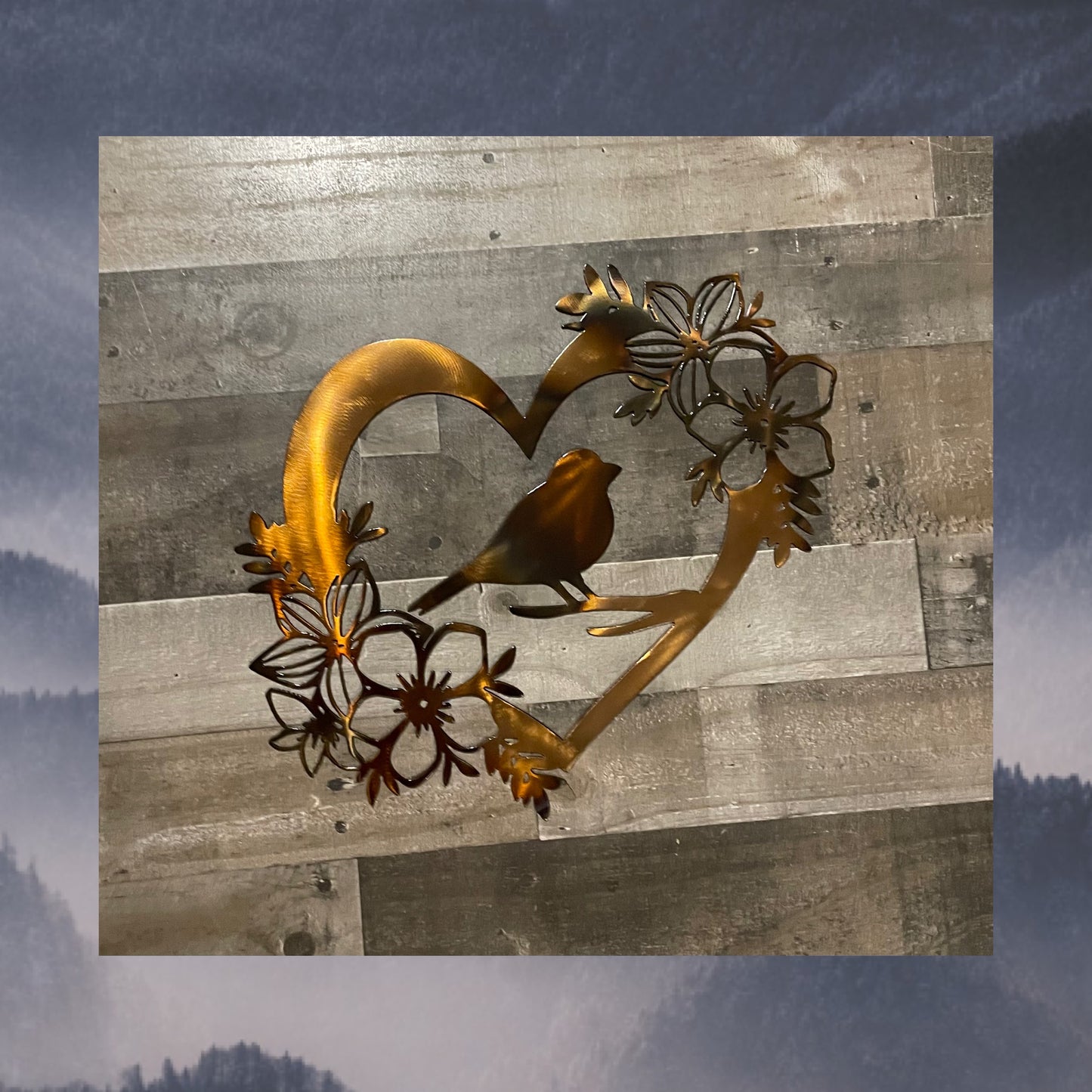 Finch Bird In Heart of Flowers, Metal Art, Metal Decor, Wall Art, Decor, Wildlife