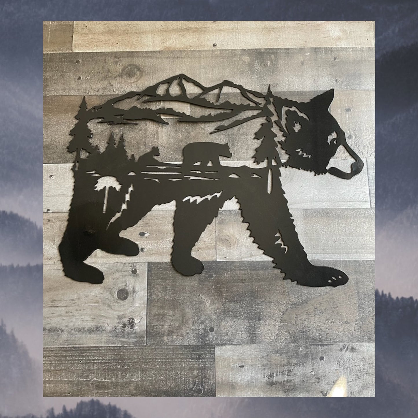 Bear With Mountain scene, Bear and cub, Metal wall Art, Mountain, Animal