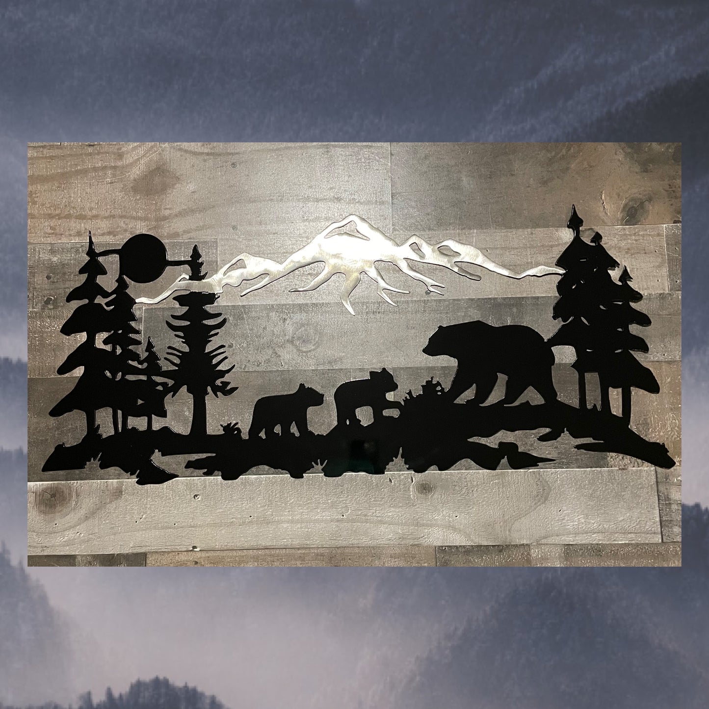 Bear With Cubs Mountain Scene Metal Wall Art Metal Decor Wildlife,