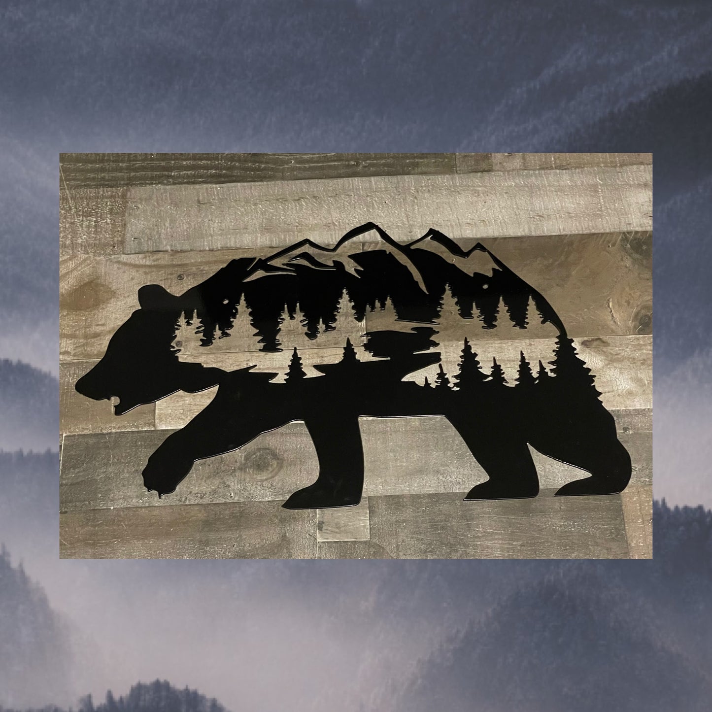 Bear with fang, River Mountain Backdrop, Metal Wall Art, Wildlife