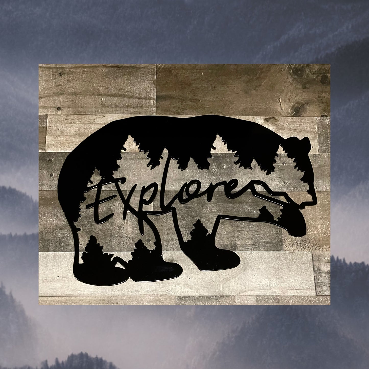 Bear with explore center Text Backdrop, Metal wall Art, Wildlife