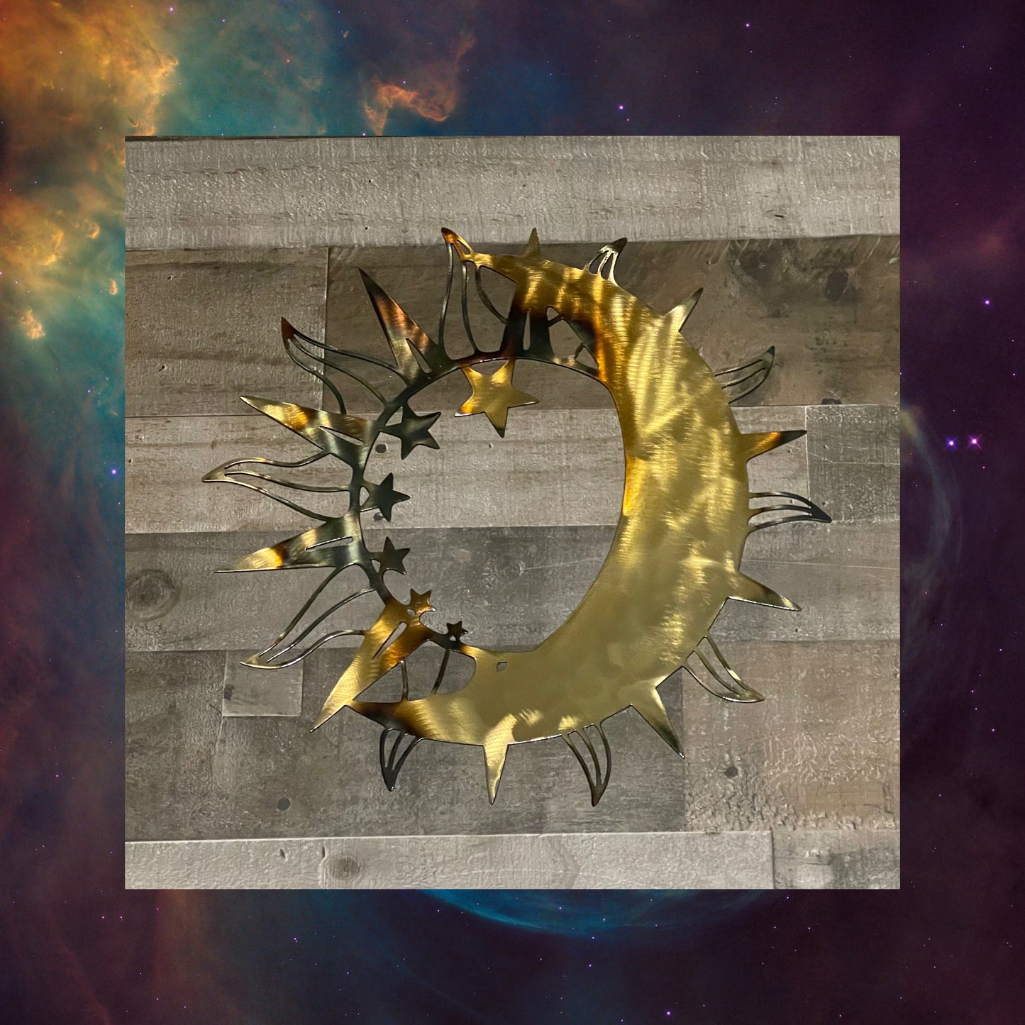 Flare Sun , Metal Sun 6, Fire Affect, Metal Wall Art, Cosmic Art, Moon, Star