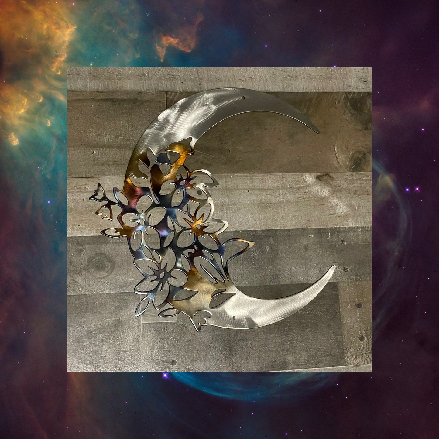 Moon With Lillys, Metal Moon, Cosmic Art, Metal Wall Art, Moon,