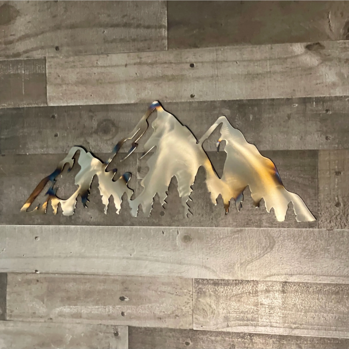 Mountain Metal Wall Art with 3 Peaks, Trees, and Water – Handcrafted Nature-Inspired Decor for Home, Cabin, or Lodge, Scenery