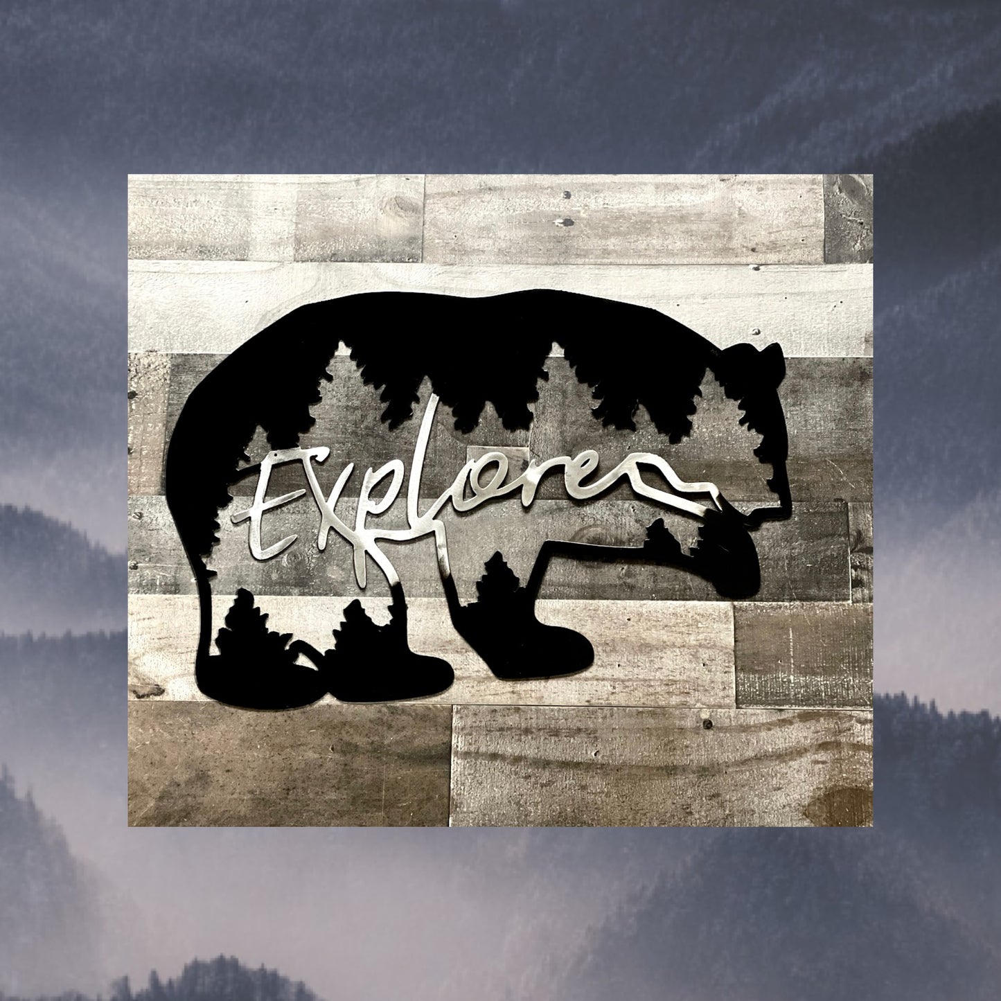 Bear with explore center Text Backdrop, Metal wall Art, Wildlife