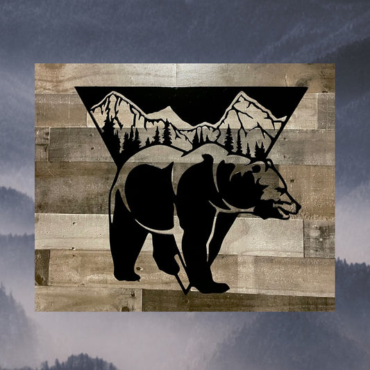 Grizzly Bear, Triangle Mountain Backdrop, Metal Wall Art, Wildlife,