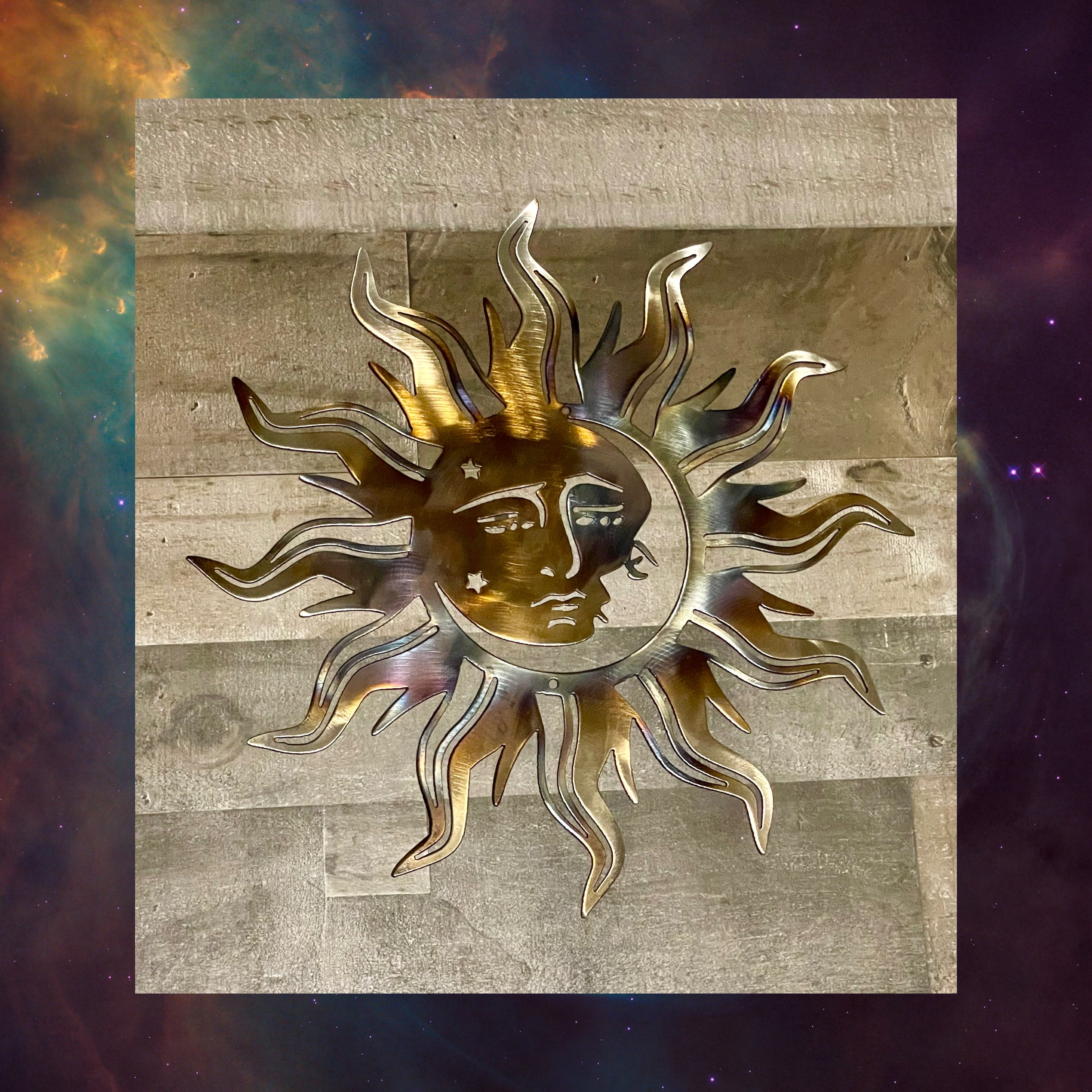 Metallic Sun Flare Sun, Metal Sun 4, Sun With Moon, Cosmic Art, Metal Wall Art ...